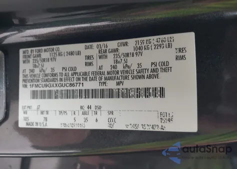 2016 Ford Escape Se from USA, damaged, VIN 1FMCU9GXXGUC86771